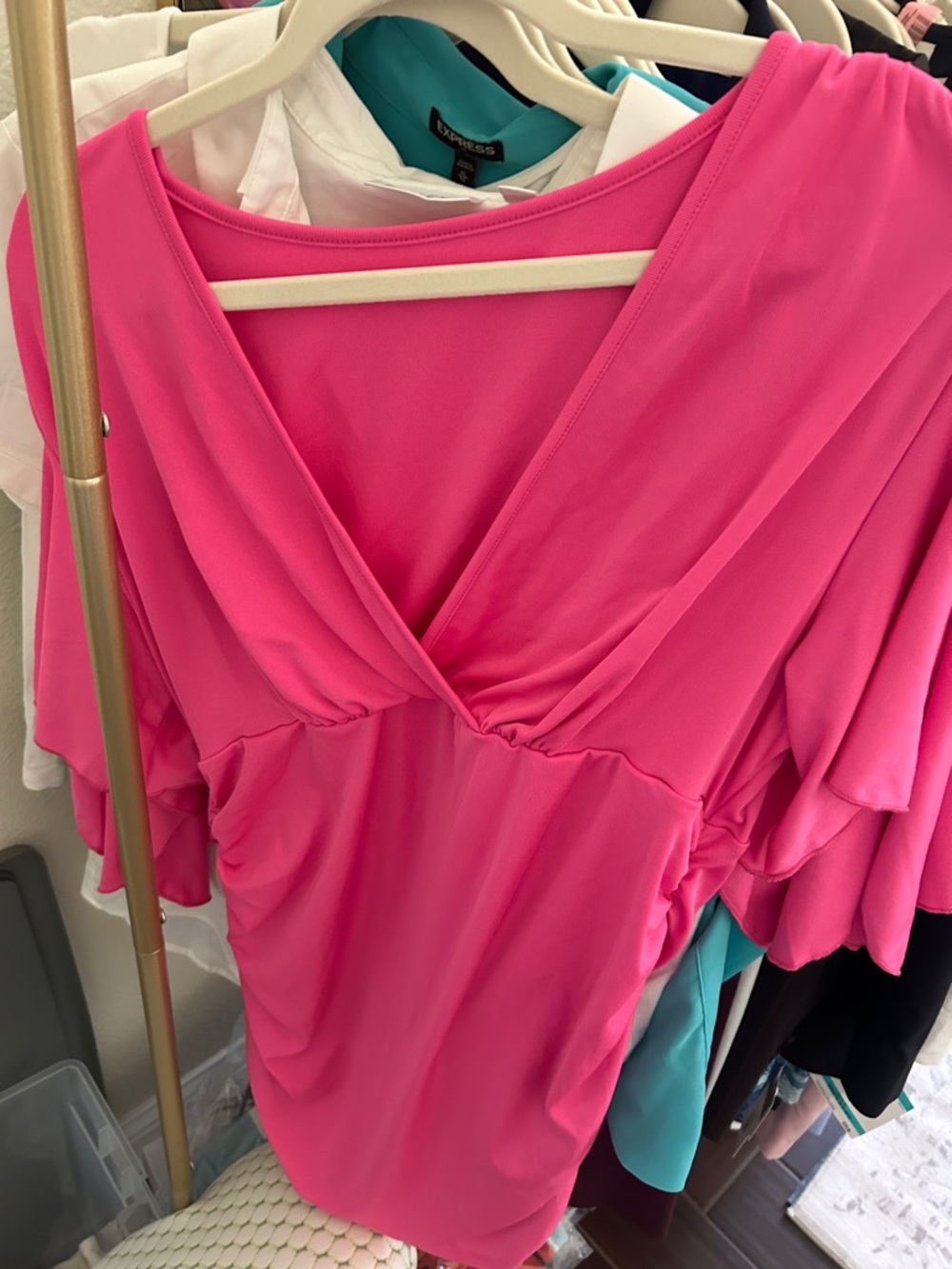 SHEIN Bright Hot Pink V-Neck Flutter Sleeve Top